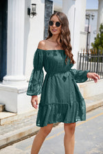 Swiss Dot Off-Shoulder Balloon Sleeve Dress