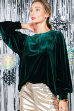 Emerald Balloon Sleeve Round Neck Velvet Blouse