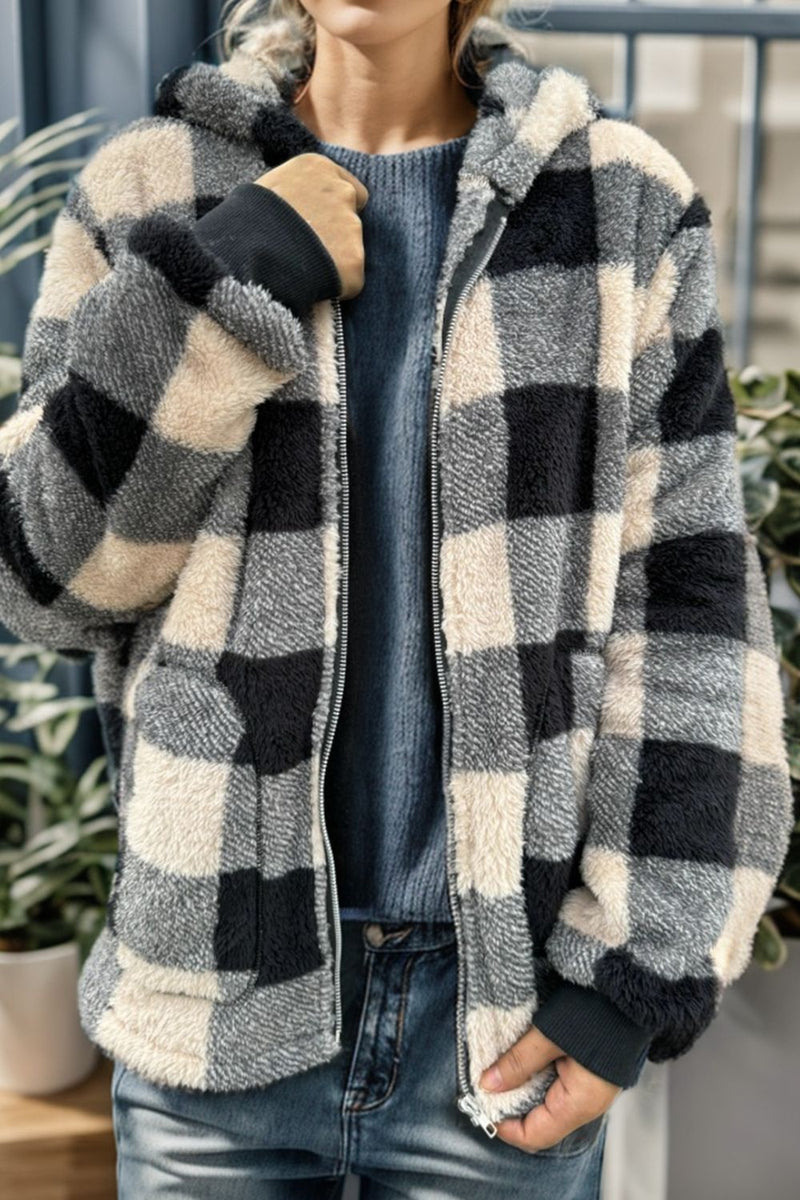 Double Take Full Size Plaid Long Sleeve Hooded Coat