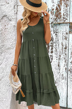 Perfee Decorative Button Scoop Neck Tiered Sleeveless Dress