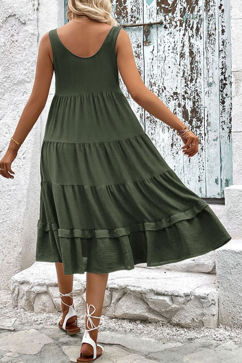 Perfee Decorative Button Scoop Neck Tiered Sleeveless Dress