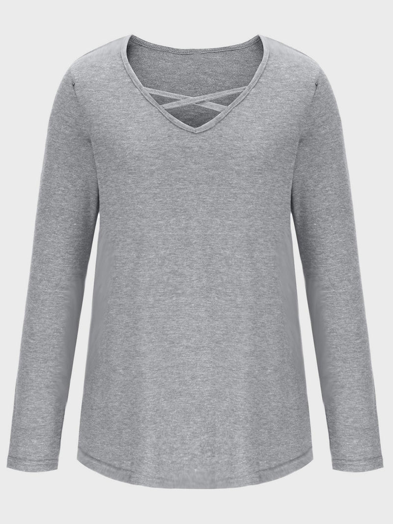 Crisscross V-Neck Long Sleeve T-Shirt