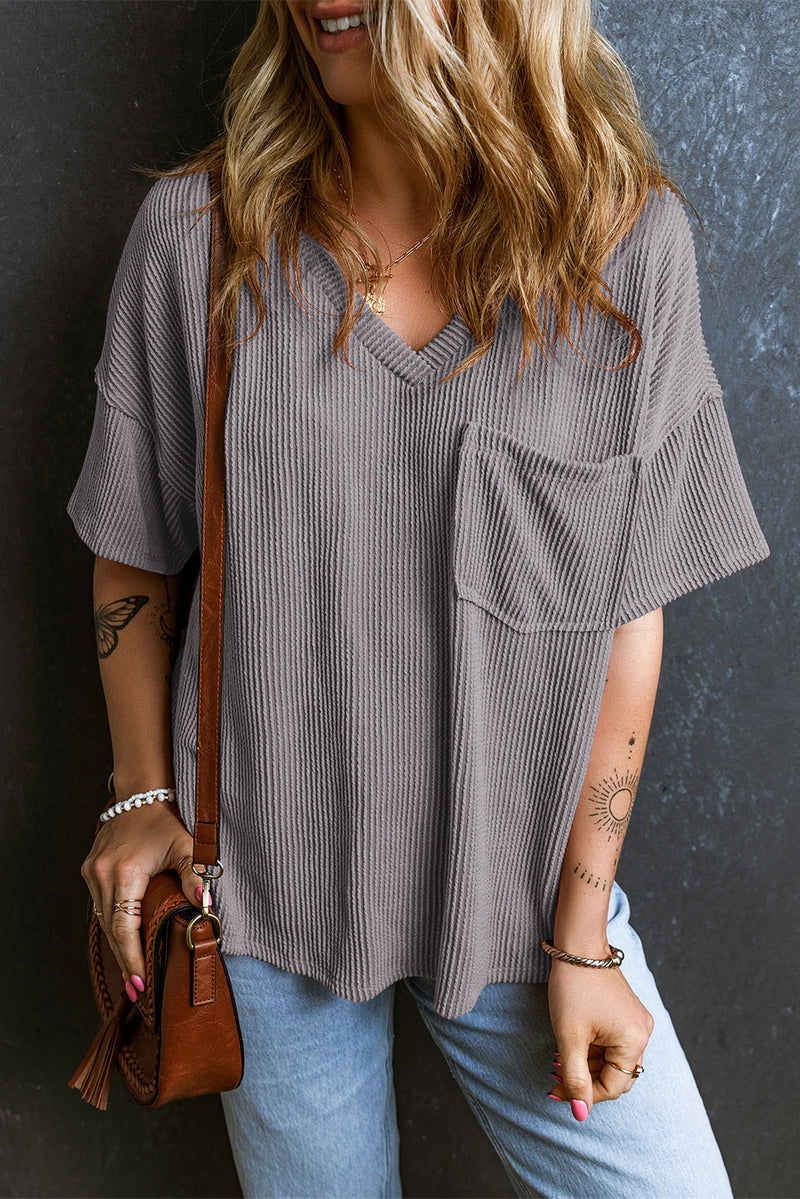 Textured V-Neck Dropped Shoulder T-Shirt