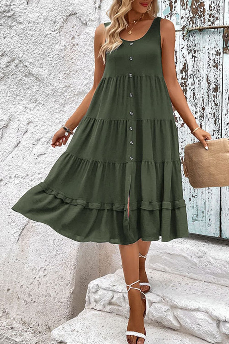 Perfee Decorative Button Scoop Neck Tiered Sleeveless Dress