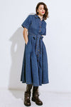 Denim Fit And Flare Midi Dress With Short Sleeves