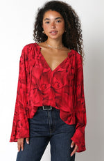 Red Floral Flowy Sleeve Top