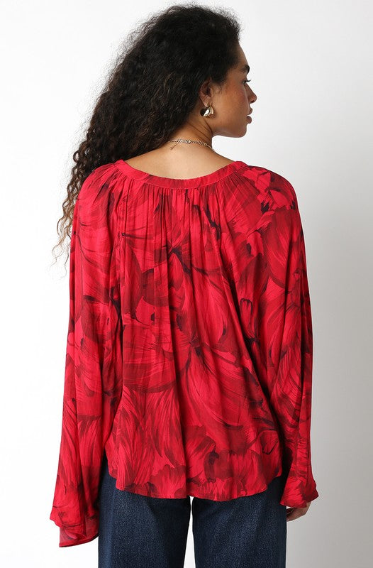 Red Floral Flowy Sleeve Top