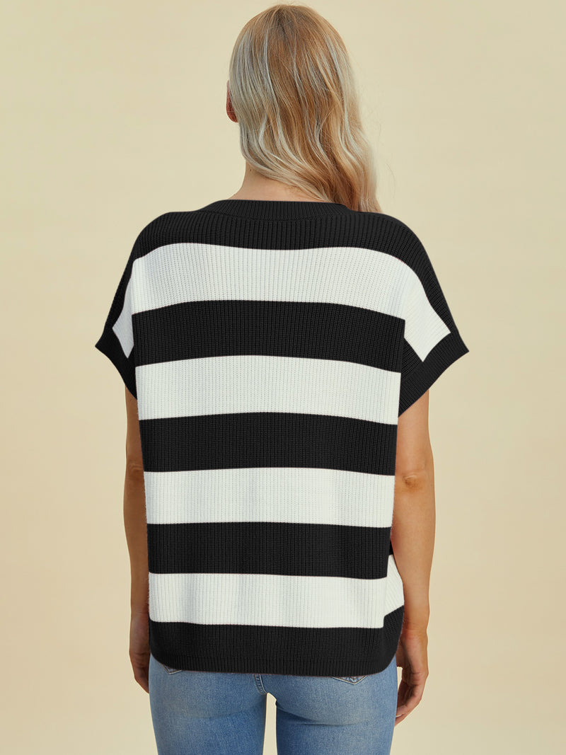 Double Take Full Size Striped V-Neck Short Sleeve Sweater