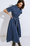 Denim Fit And Flare Midi Dress With Short Sleeves