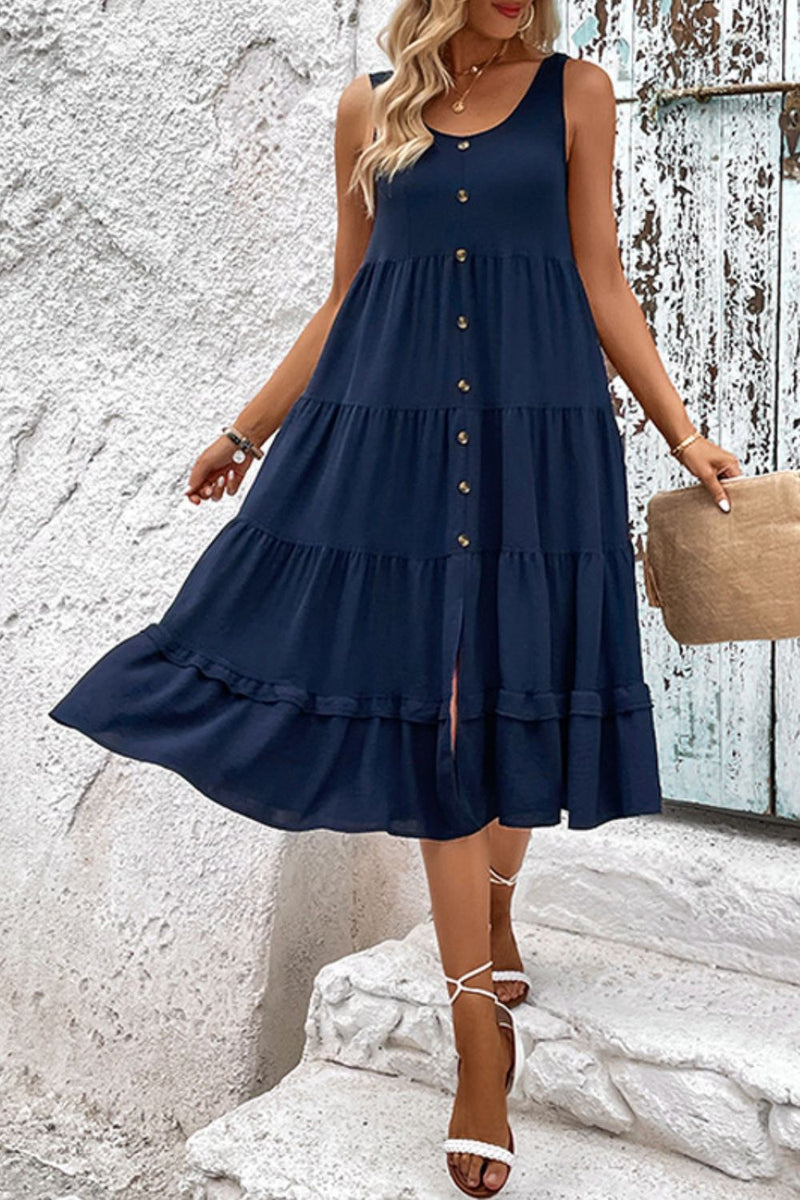 Perfee Decorative Button Scoop Neck Tiered Sleeveless Dress