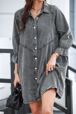 Distressed Collared Neck Flounce Sleeve Denim Dress