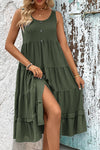 Perfee Decorative Button Scoop Neck Tiered Sleeveless Dress