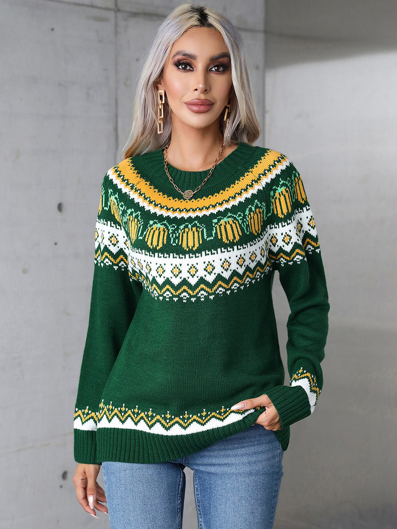 Retro Style Round Neck Long Sleeve Sweater