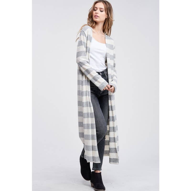 Stripe Brushed Soft Knit Long Cardigan