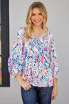 Printed Round Neck Balloon Sleeve Blouse