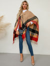 Fringe Contrast Plaid Poncho