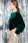 Emerald Balloon Sleeve Round Neck Velvet Blouse