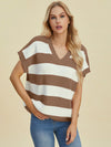 Double Take Full Size Striped V-Neck Short Sleeve Sweater