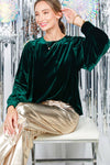 Emerald Balloon Sleeve Round Neck Velvet Blouse