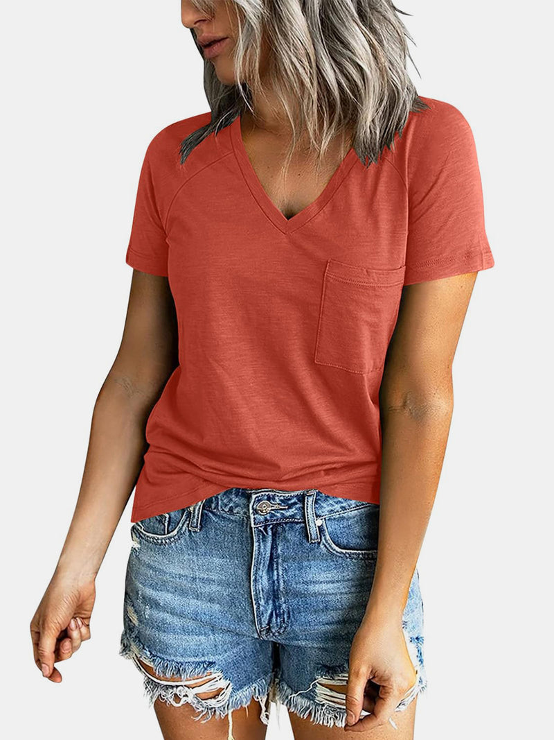 Pocketed V-Neck Short Sleeve T-Shirt