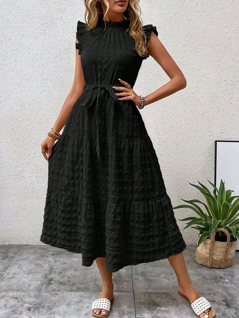 Tied Ruffled Cap Sleeve Midi Dress