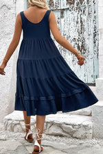 Perfee Decorative Button Scoop Neck Tiered Sleeveless Dress