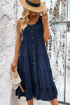 Perfee Decorative Button Scoop Neck Tiered Sleeveless Dress