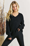 V NECK TEXTURED BLACK SWEATER