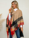 Fringe Contrast Plaid Poncho