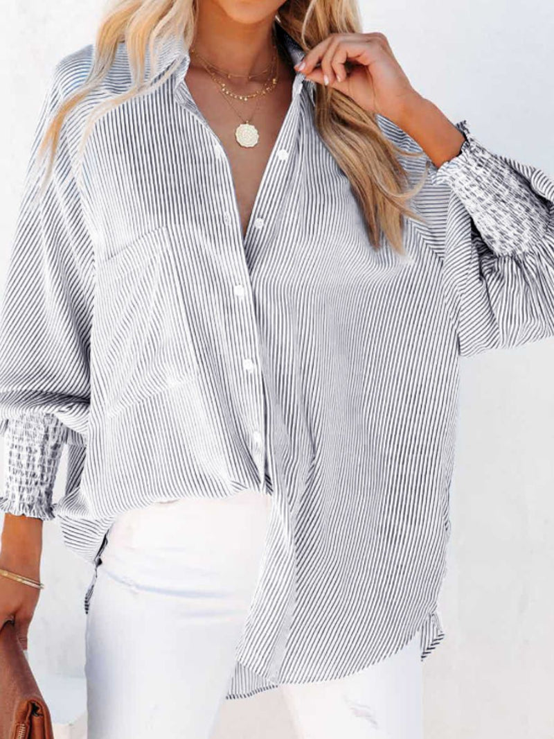 Striped Collared Neck Lantern Sleeve Shirt