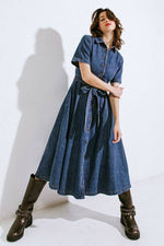 Denim Fit And Flare Midi Dress With Short Sleeves