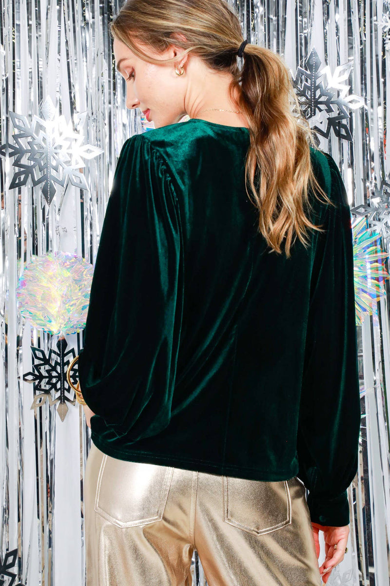 Emerald Balloon Sleeve Round Neck Velvet Blouse