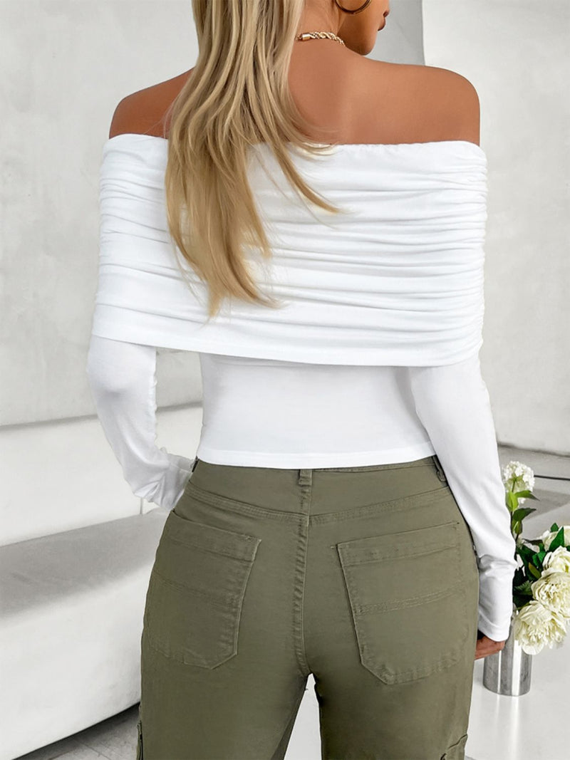 Devine Ruched Off-Shoulder Long Sleeve T-Shirt