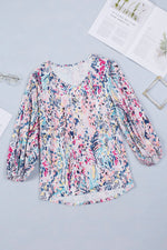 Printed Round Neck Balloon Sleeve Blouse