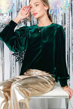 Emerald Balloon Sleeve Round Neck Velvet Blouse