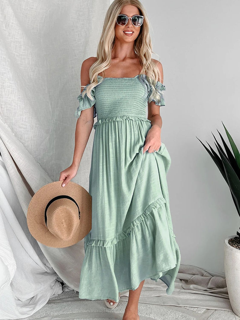 Perfee Frill Smocked Off-Shoulder Ruffle Sleeve Dress