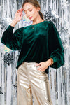 Emerald Balloon Sleeve Round Neck Velvet Blouse