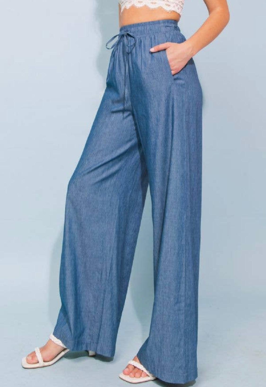 Chambray Wide Leg Pants: Wear Now & Later — bows & sequins