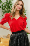 Puff Sleeve V-Neck Red Top