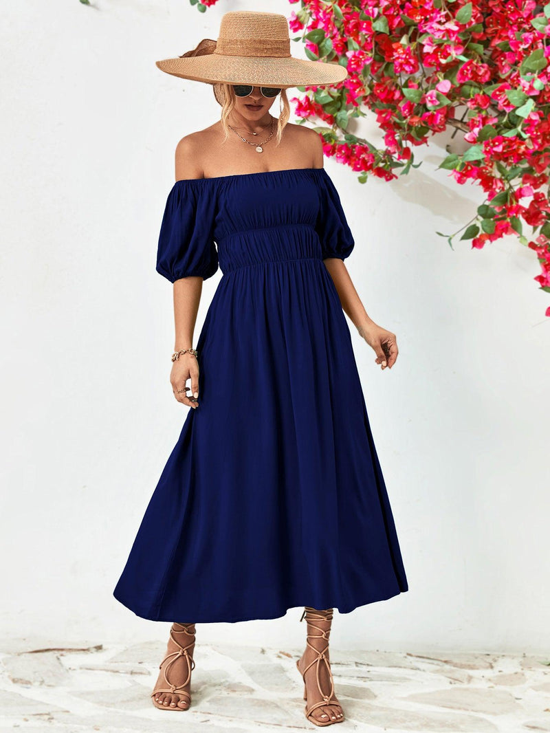 Off-Shoulder Balloon Sleeve Midi Dress-Dresses-Boutique Dress, Dress, Midi Dress, Ship From Overseas, Smocked Dress, YO-[option4]-[option5]-[option6]-Womens-USA-Clothing-Boutique-Shop-Online-Clothes Minded