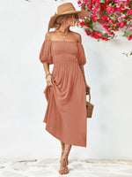 Off-Shoulder Balloon Sleeve Midi Dress-Dresses-Boutique Dress, Dress, Midi Dress, Ship From Overseas, Smocked Dress, YO-[option4]-[option5]-[option6]-Womens-USA-Clothing-Boutique-Shop-Online-Clothes Minded