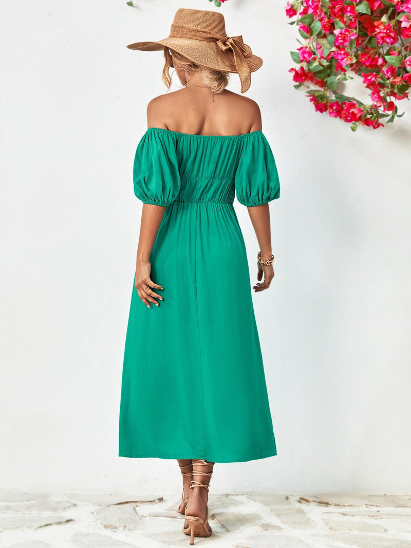 Off-Shoulder Balloon Sleeve Midi Dress-Dresses-Boutique Dress, Dress, Midi Dress, Ship From Overseas, Smocked Dress, YO-[option4]-[option5]-[option6]-Womens-USA-Clothing-Boutique-Shop-Online-Clothes Minded