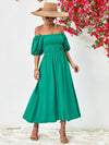 Off-Shoulder Balloon Sleeve Midi Dress-Dresses-Boutique Dress, Dress, Midi Dress, Ship From Overseas, Smocked Dress, YO-[option4]-[option5]-[option6]-Womens-USA-Clothing-Boutique-Shop-Online-Clothes Minded