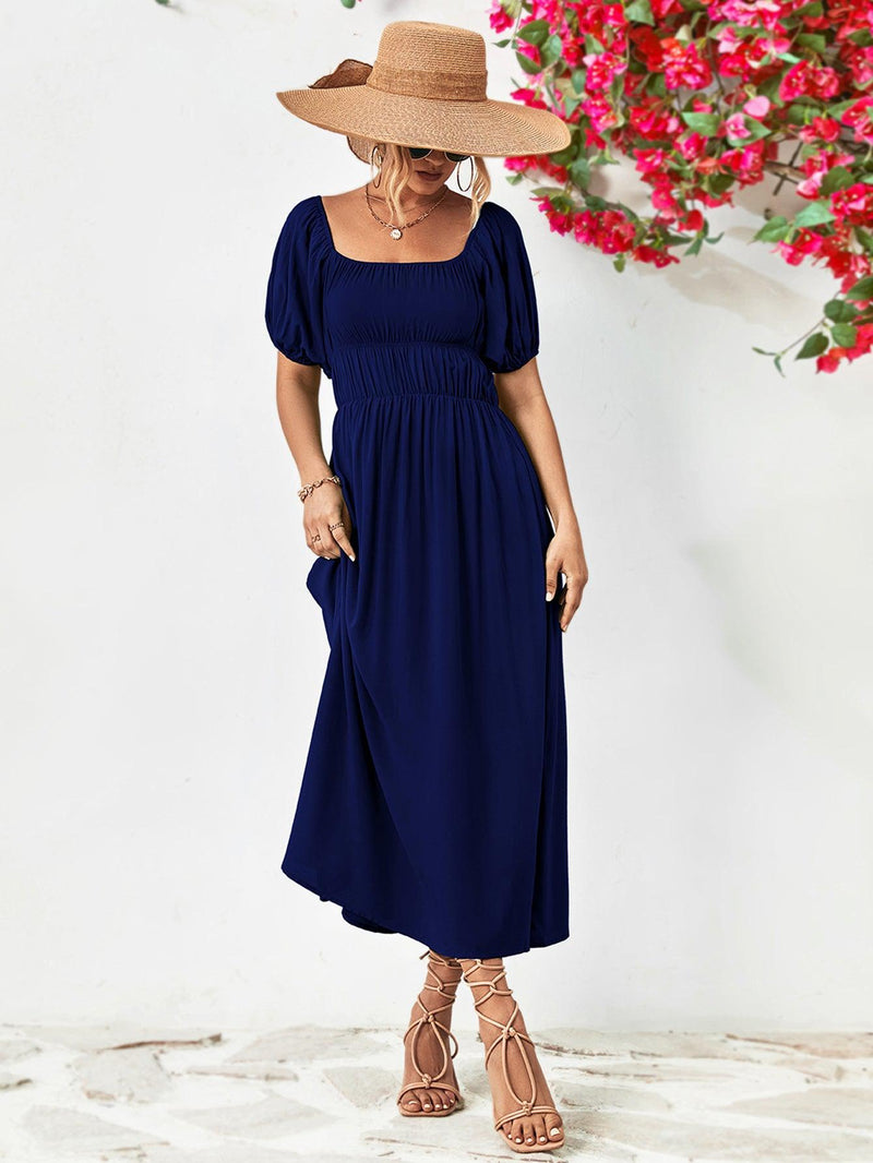 Off-Shoulder Balloon Sleeve Midi Dress-Dresses-Boutique Dress, Dress, Midi Dress, Ship From Overseas, Smocked Dress, YO-[option4]-[option5]-[option6]-Womens-USA-Clothing-Boutique-Shop-Online-Clothes Minded