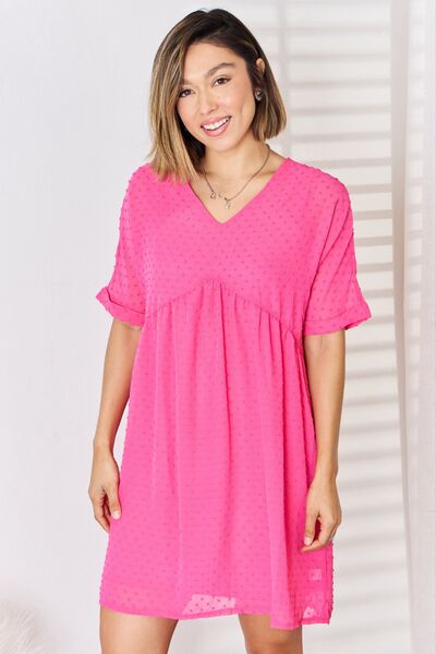 Zenana Swiss Dot Rolled Short Sleeve Babydoll Dress-Ship from USA, Zenana-Fuchsia-S-[option4]-[option5]-[option6]-Womens-USA-Clothing-Boutique-Shop-Online-Clothes Minded