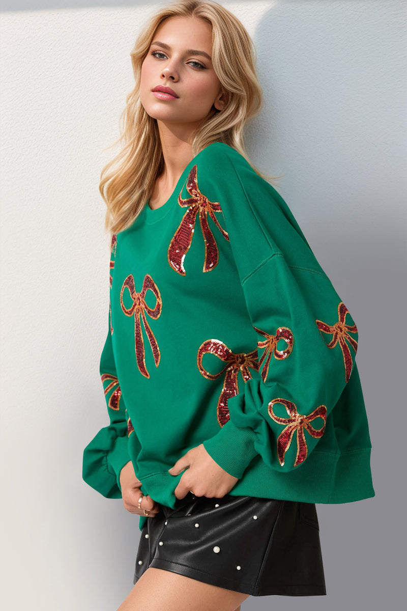 Double Take Christmas Bow Sequin Round Neck Dropped Shoulder Sweatshirt