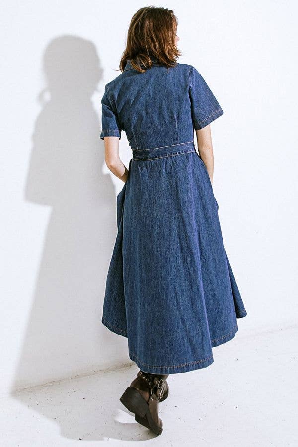 Denim Fit And Flare Midi Dress With Short Sleeves