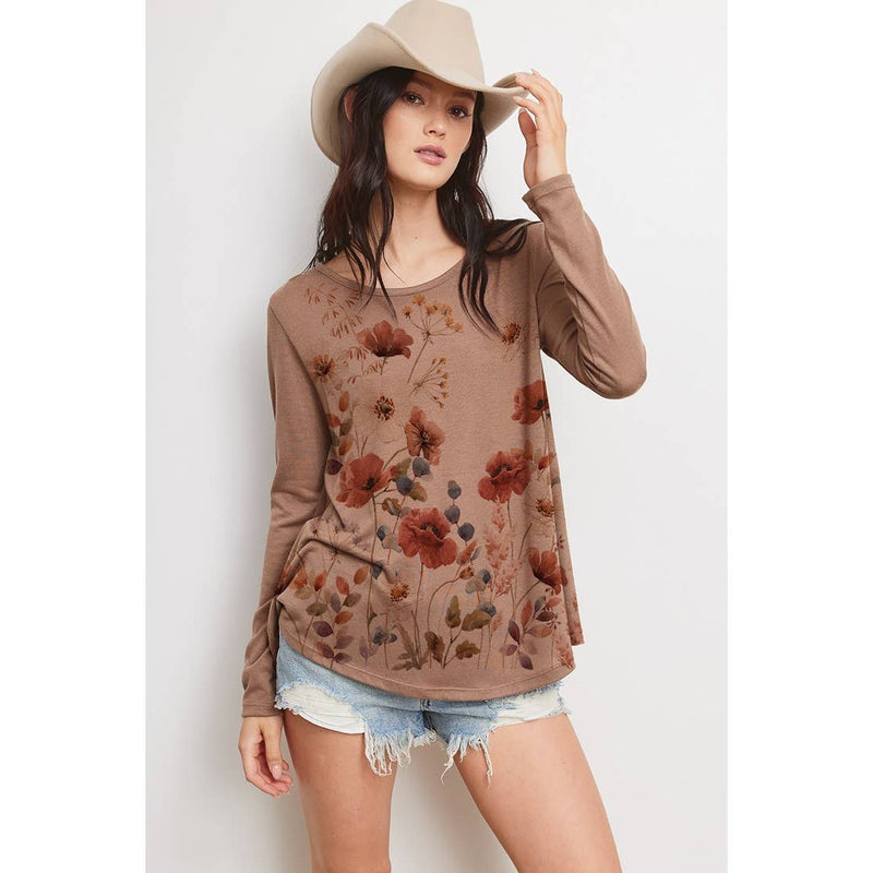 Flower Print Boat Neck Long Sleeve Top