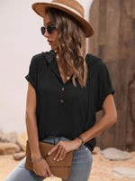 Half Button Hooded Short Sleeve Blouse