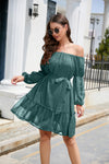 Swiss Dot Off-Shoulder Balloon Sleeve Dress